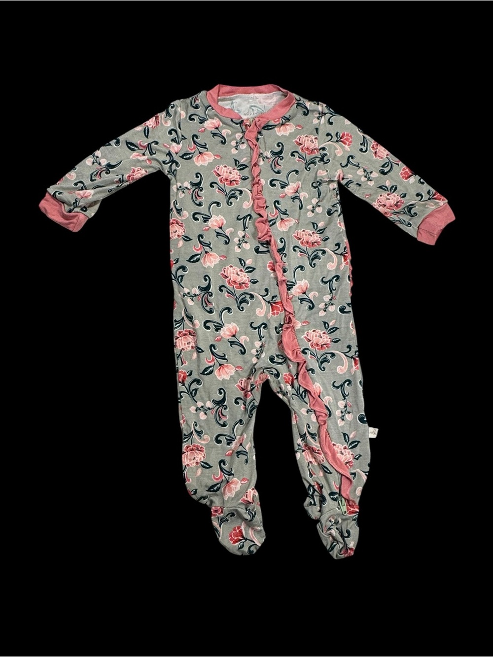 Milkberry Floral Ruffle Footed One-Piece Pajamas - Pink & Gray